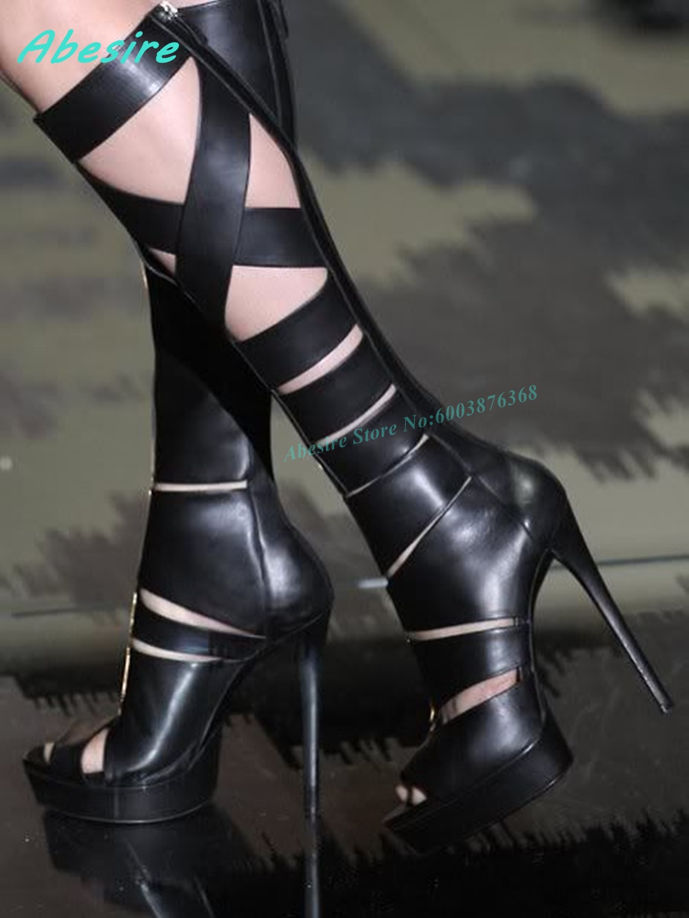 Women'S Fashion Knee High Boots - Cross Tied Hollow Out Leather Sandals