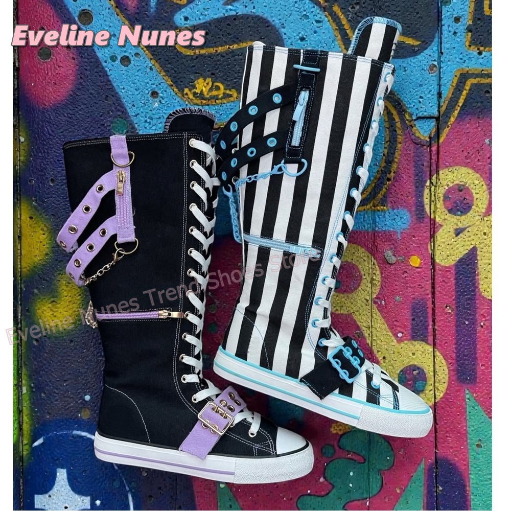 Y2K Gothic Striped Canvas Boot - đánh giá và giá Women'S Fashion Jewellery